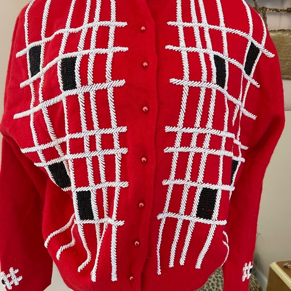 Vintage Red and Black Beaded Women's Sweater Silk Lined Angora Cardigan - Picture 2 of 7